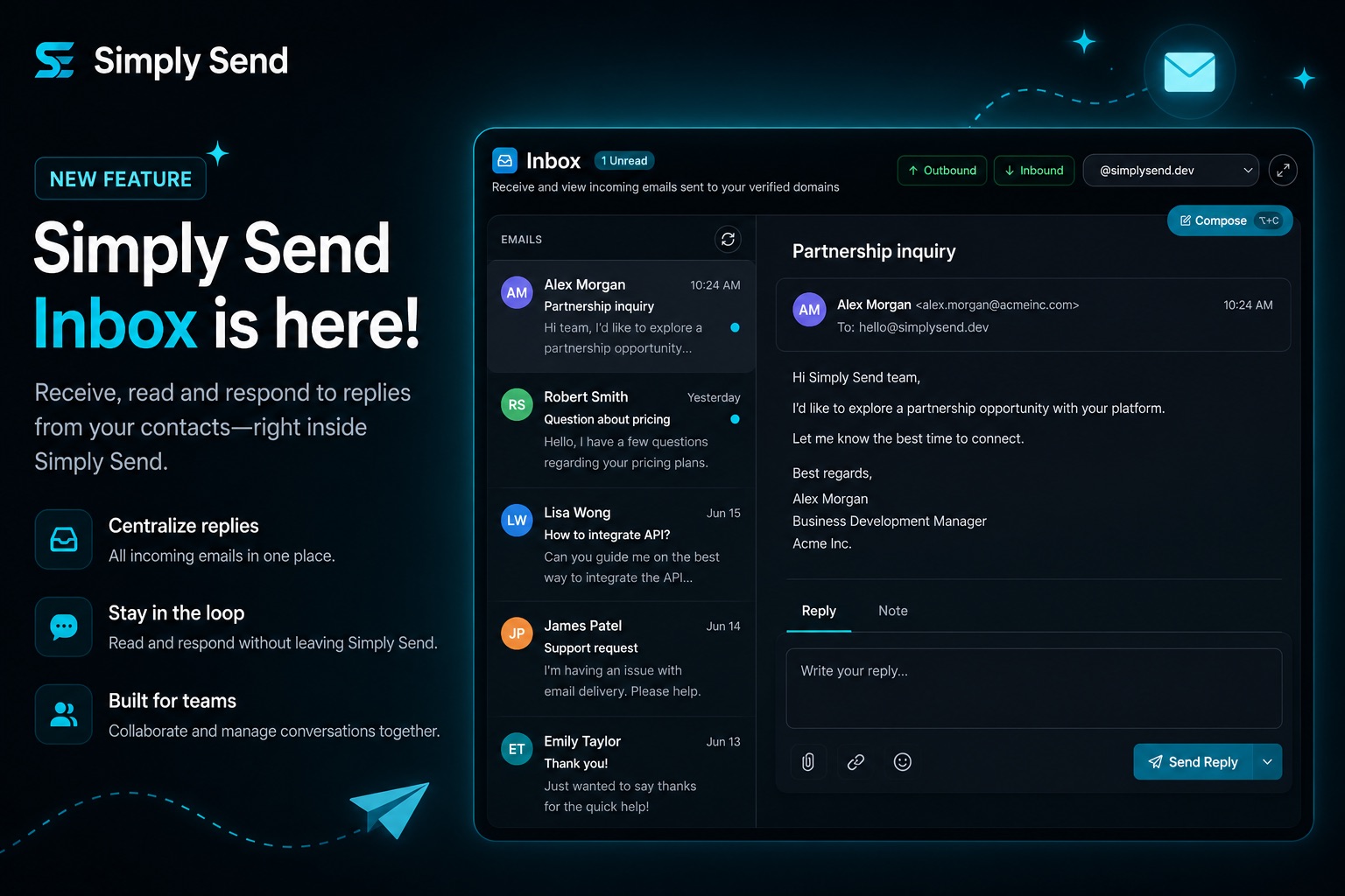 Simply Send Inbox — send and receive emails on your own domain